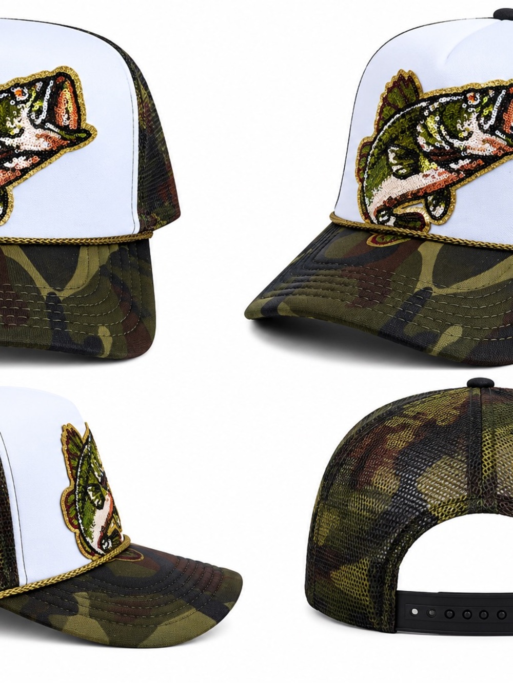 Camo & White Sequin Fish Trucker Hat - Women